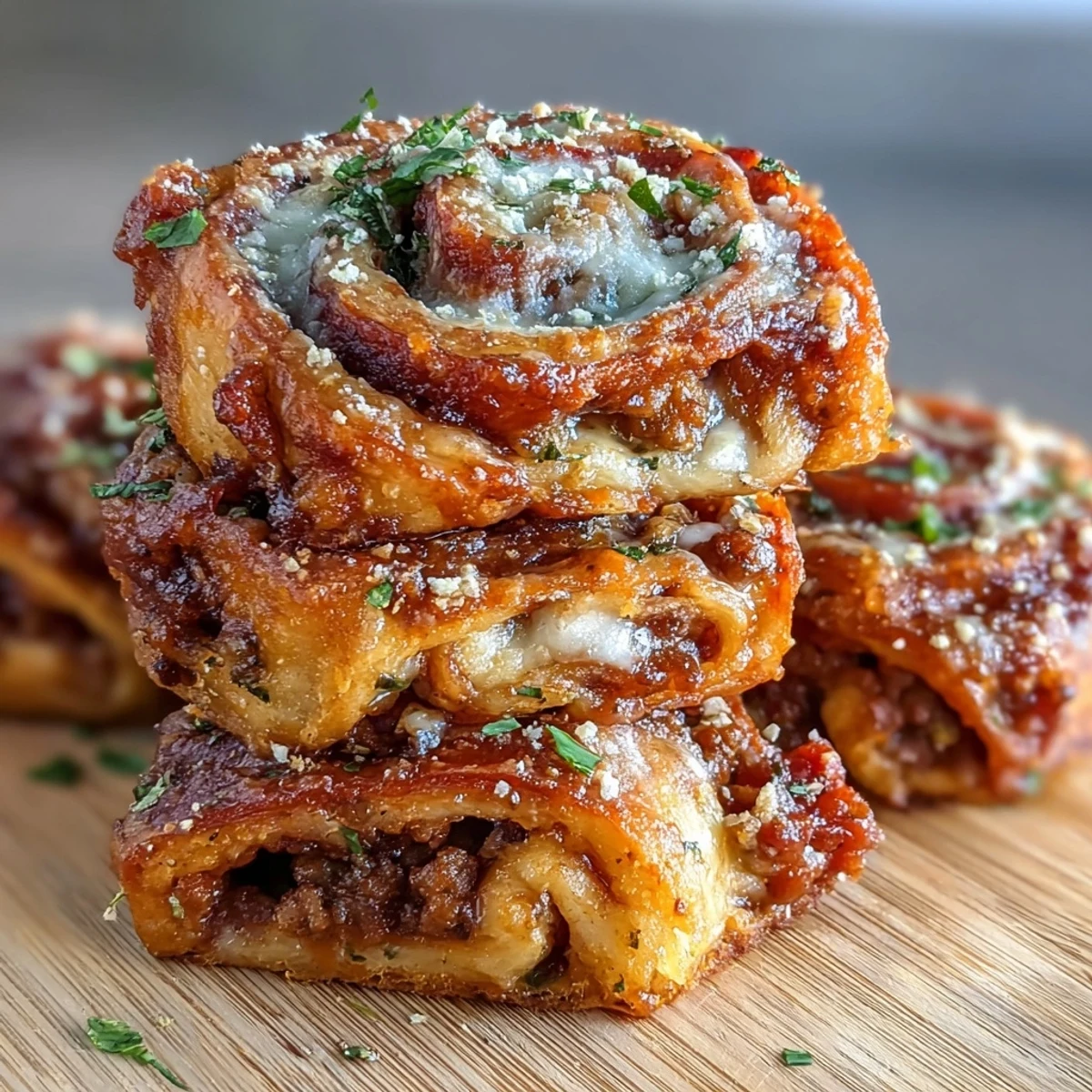Golden Irresistible High Protein Pepperoni Pizza Rolls are cut open on a white plate, revealing layers of melted mozzarella, pepperoni, and savory beef inside.