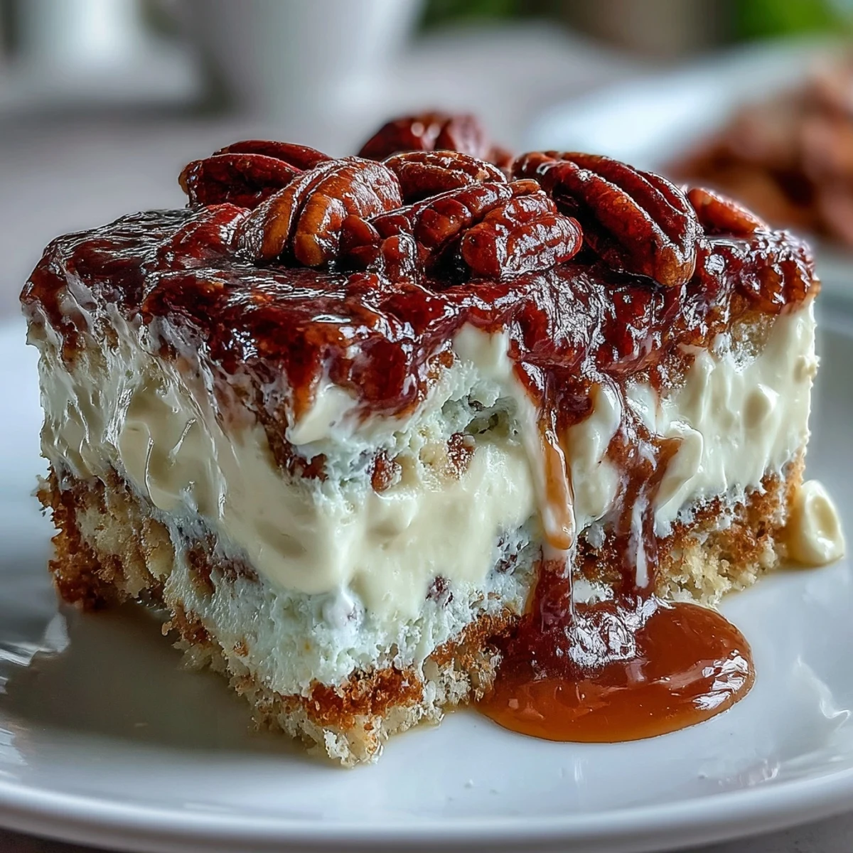 Slice of moist Butter Pecan Tres Leches Cake revealing creamy milk soak, crowned with caramelized pecans and sweet vanilla whipped cream for dessert.