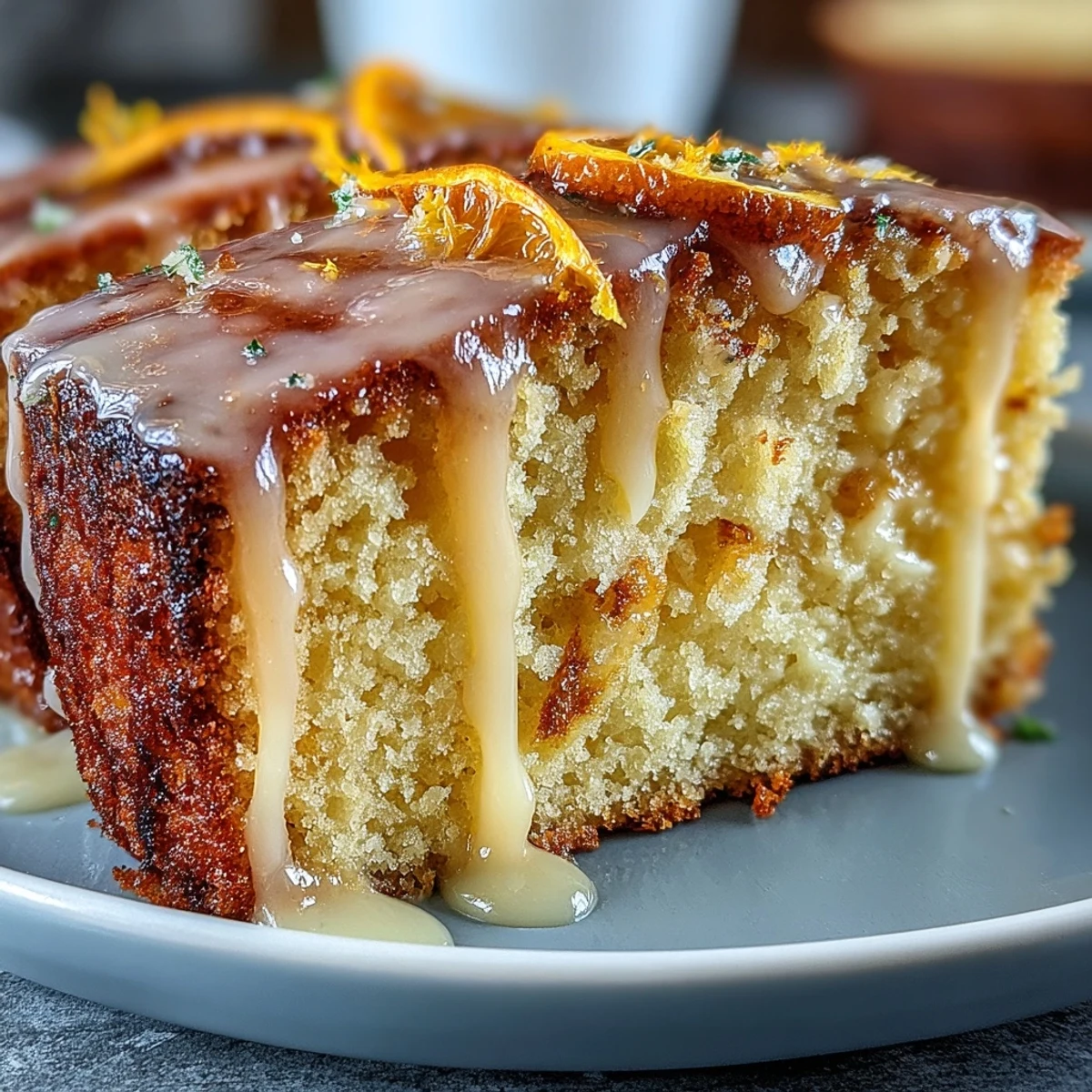 A generous drizzle of luscious citrus icing cascades down the golden-baked Heavenly Blood Orange Yogurt Cake, ready to slice.