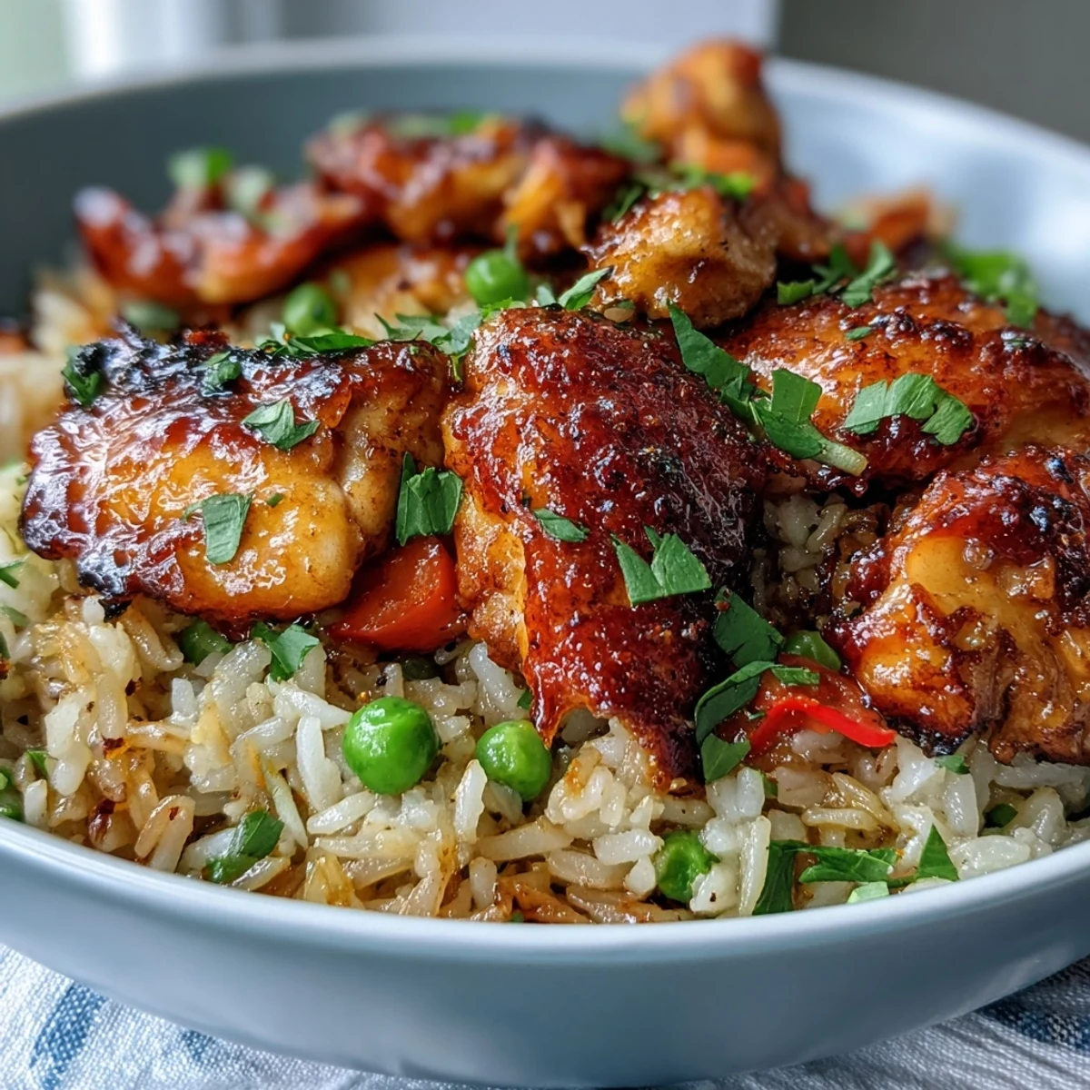 Close-up of One-Pan Bold Honey BBQ Chicken Rice with tender glazed chicken and fluffy rice.