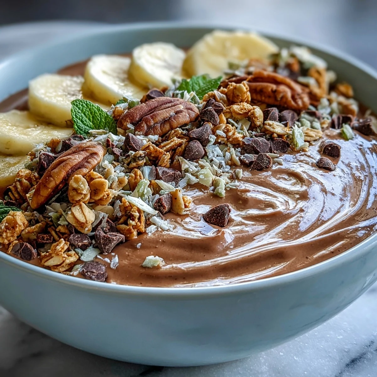 Two bowls of Chunky Monkey Smoothie Bowls topped with sliced bananas, granola, cacao nibs, and hemp seeds.