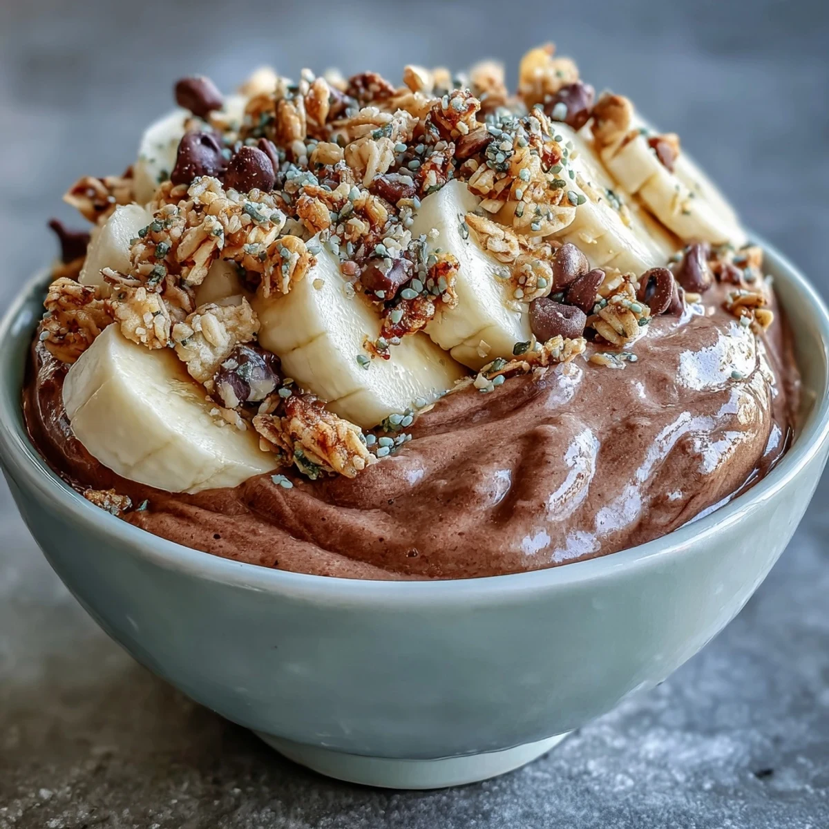 A thick and creamy chocolate peanut butter smoothie bowl garnished with crunchy toppings and a drizzle of maple syrup.