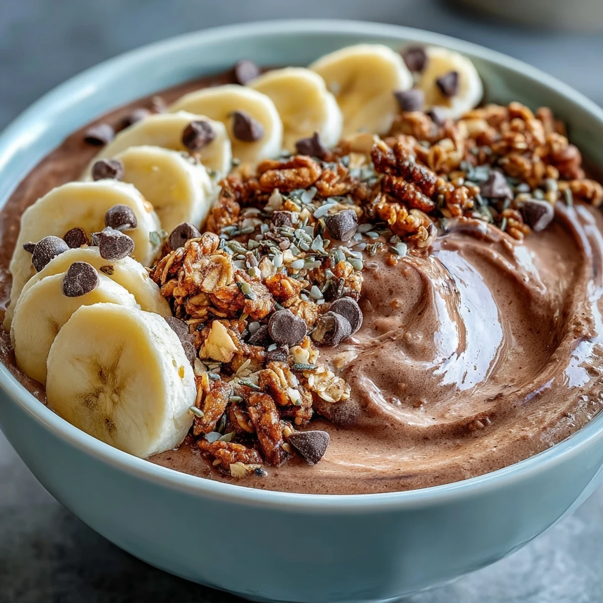 Spoon-ready Chunky Monkey Smoothie Bowls in white bowls, served immediately for a healthy vegan breakfast or snack.