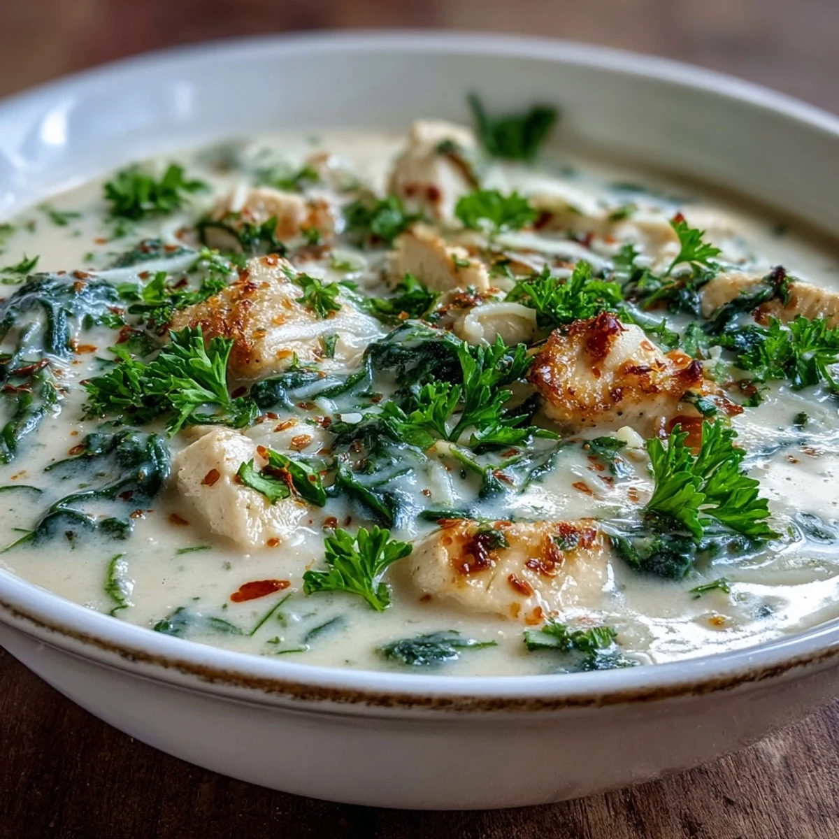 Creamy Garlic Parmesan Chicken Soup garnished with parsley in a rustic bowl.