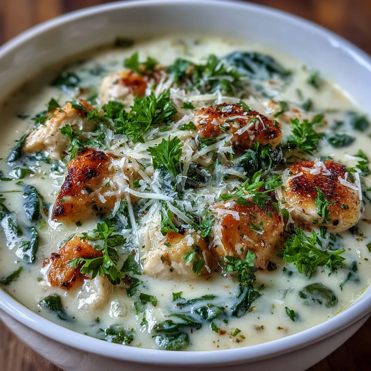 Tender chicken and melted Parmesan cheese in a creamy, garlicky broth.