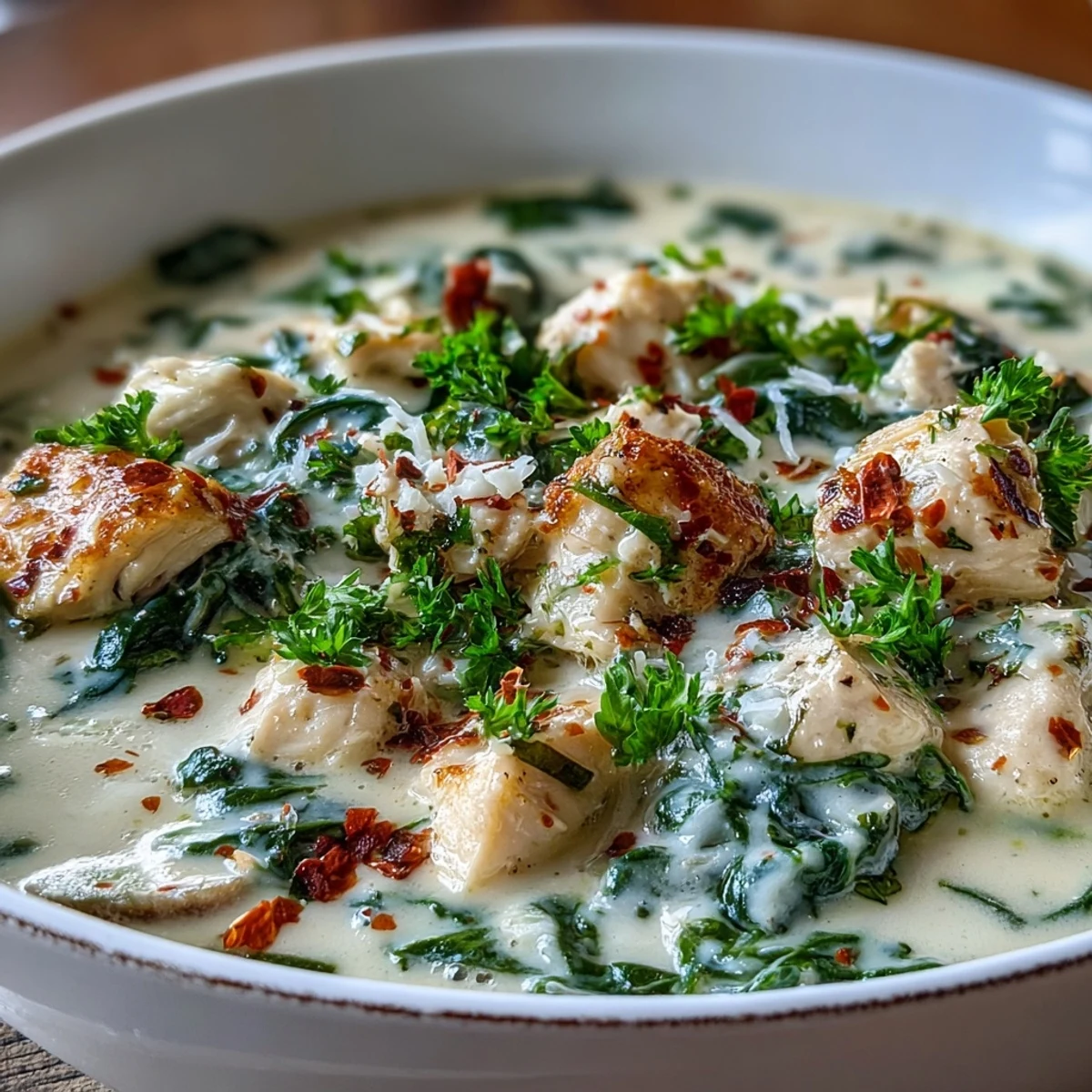 Hearty Garlic Parmesan Chicken Soup served steaming hot, ready to enjoy.
