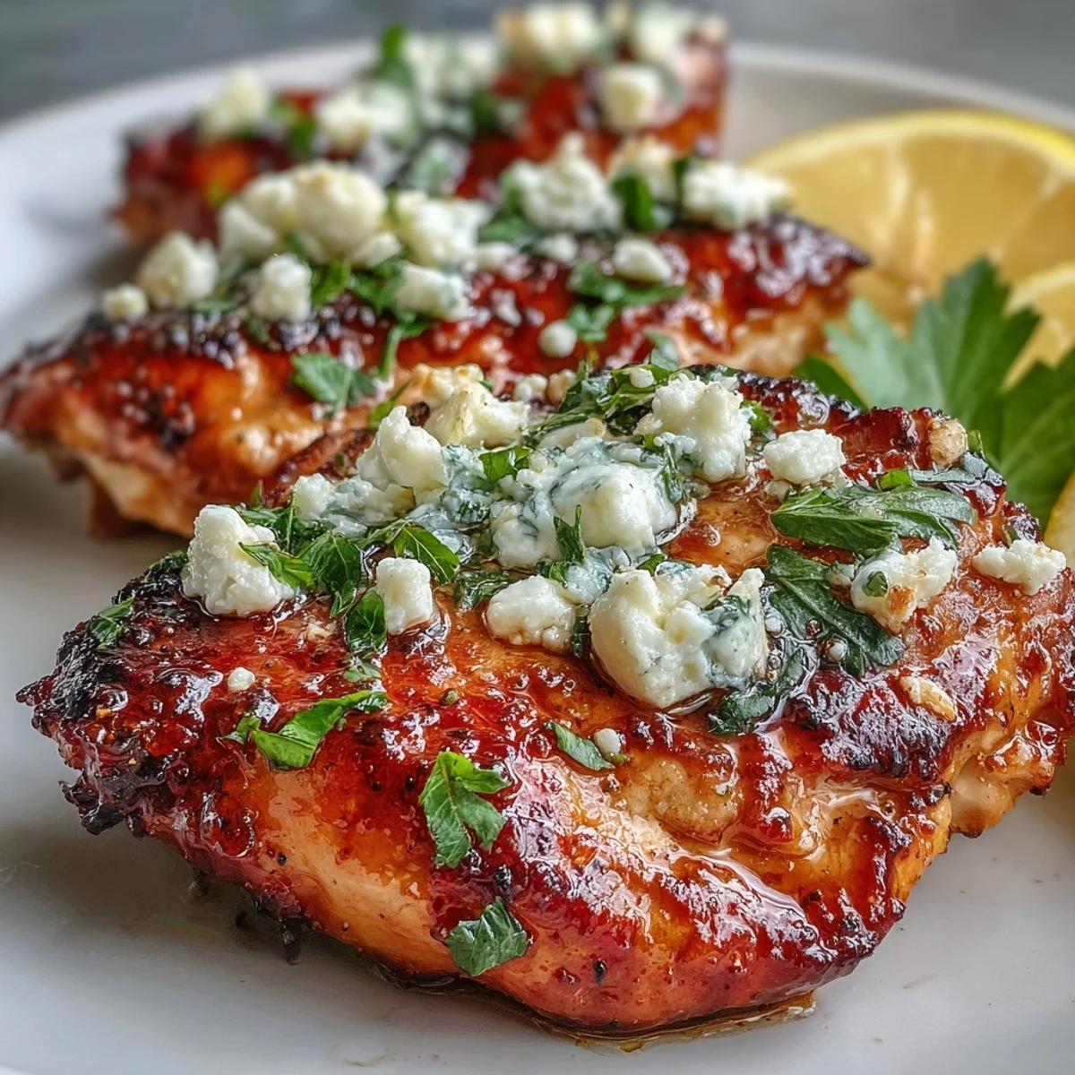 Sizzling Greek Chicken with Lemon and Feta cooking in a skillet until golden brown.