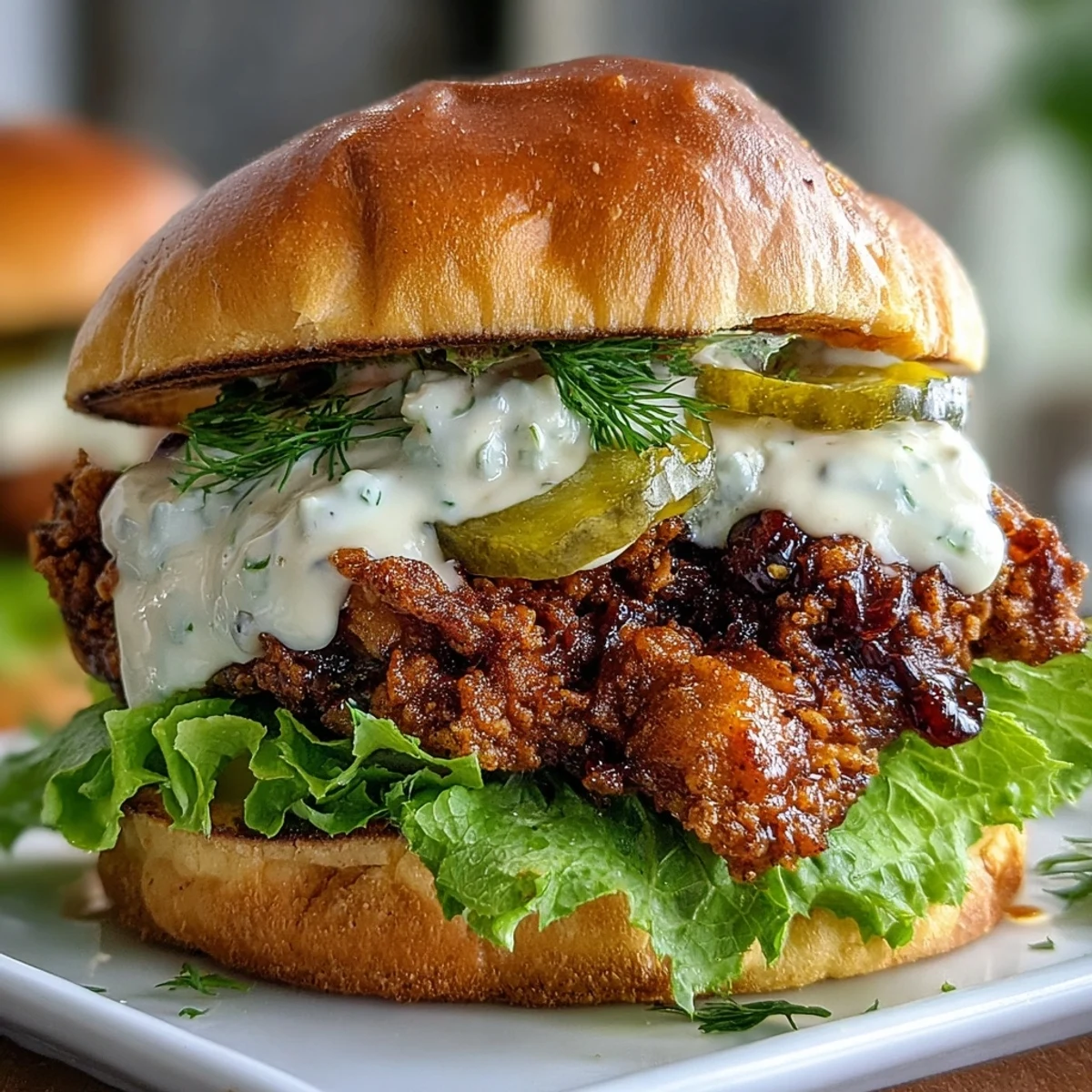 Crispy fried chicken sandwich stacked high with pickles and fresh lettuce, drizzled with creamy homemade sauce.