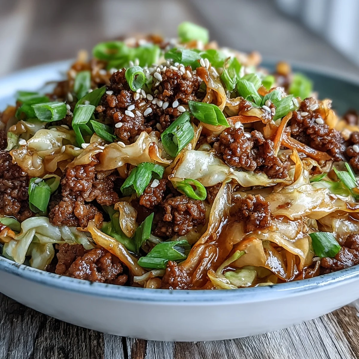 Delectable Egg Roll in a Bowl with savory ground meat and crisp cabbage.