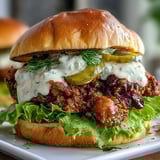 Crispy fried chicken sandwich stacked high with pickles and fresh lettuce, drizzled with creamy homemade sauce.