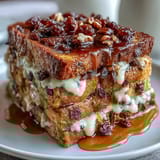 Layers of toasted bolillo bread soaked in cinnamon-spiced piloncillo syrup, dotted with raisins and mild cheese, creating a comforting, golden-brown dessert perfect for Lent.