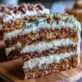 Elegant Easter dessert spread with three classic treats: moist carrot cake, airy pavlova topped with fruit, and tangy lemon tart on a decorative platter.  
