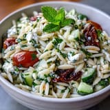 Refreshing orzo salad with cucumber and feta, perfect for a light lunch.