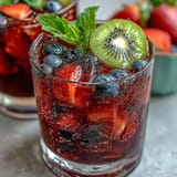 Beautiful Iced Hibiscus Berry Tea swirling with fresh berries and citrus slices.