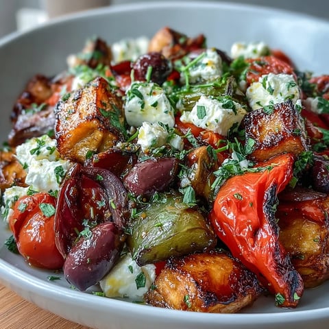 Freshly roasted bell peppers, eggplant, and zucchini for a warm Roasted Greek Salad, topped with feta and Kalamata olives. 