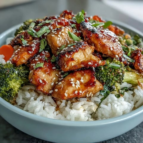 Golden-brown chicken and crisp broccoli florets nestled in fluffy rice, drizzled with sticky honey garlic sauce in a single skillet.  