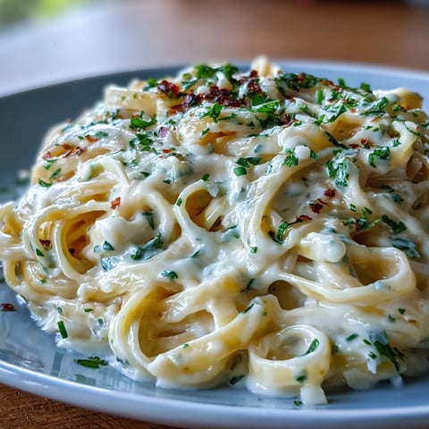 Creamy cauliflower Alfredo sauce coats fettuccine in a white ceramic bowl, garnished with fresh parsley and grated Parmesan.  