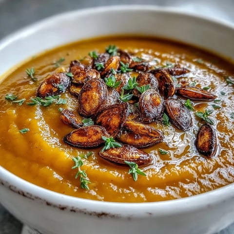 A bowl of creamy butternut squash soup garnished with toasted pumpkin seeds and a maple drizzle, perfect for a cozy fall dinner.  