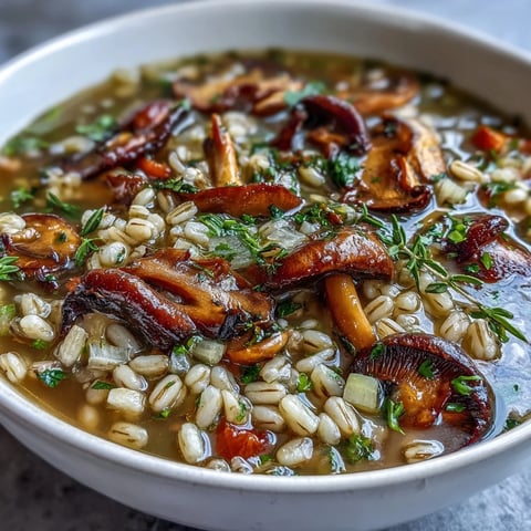 A steaming bowl of hearty Mushroom Barley Soup showcases tender sliced white mushrooms and chewy pearl barley swimming in a rich, savory broth.