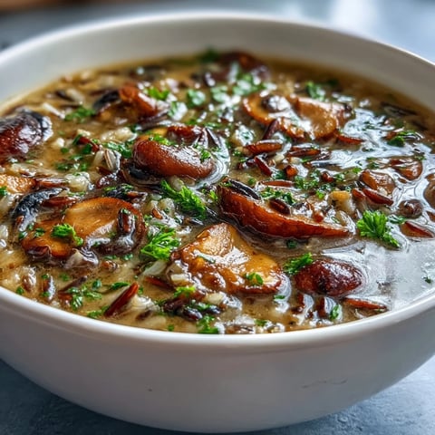 Creamy Wild Rice Mushroom Soup in a rustic bowl, garnished with fresh parsley and a swirl of heavy cream for a comforting, hearty dinner.