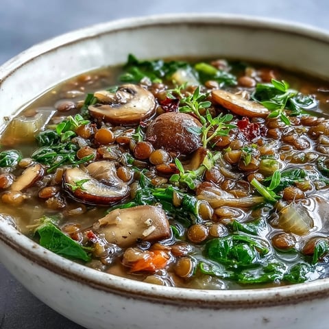 Double Lentil and Mushroom Barley Soup simmering in a large pot with collard greens, smoked paprika, and fresh parsley garnish.