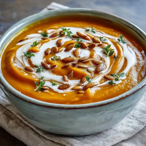 A bowl of creamy roasted butternut squash soup garnished with thyme and pumpkin seeds.  
