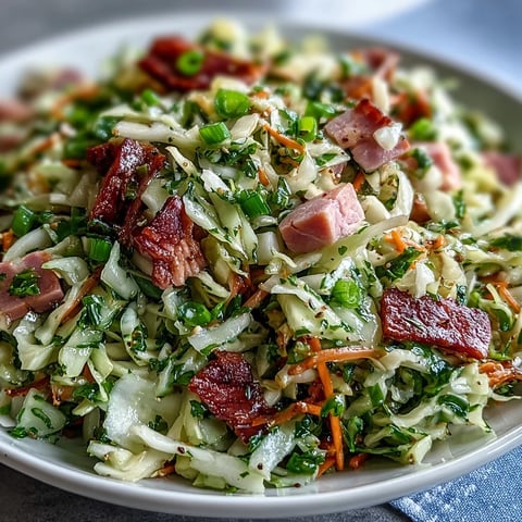 Freshly tossed German Cabbage Coleslaw With Shredded Ham features crisp green and red cabbage, shredded carrots, and savory smoked ham tossed in a tangy apple cider vinegar dressing.