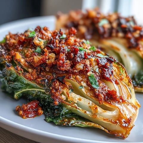 Golden roasted cabbage wedges glazed with olive oil and piled high on a platter with vibrant Baked Cabbage Salad With Winter Romesco.