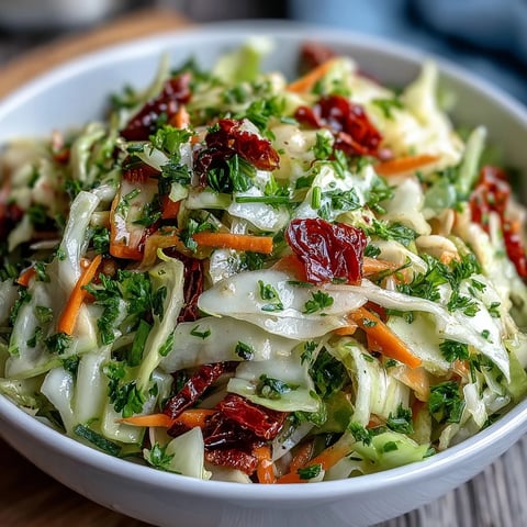 A vibrant bowl of Cabbage Salad With Sundried Tomatoes, featuring crisp red and green cabbage ribbons, julienned carrots, and sweet sun-dried tomatoes tossed in a fragrant herby dressing.