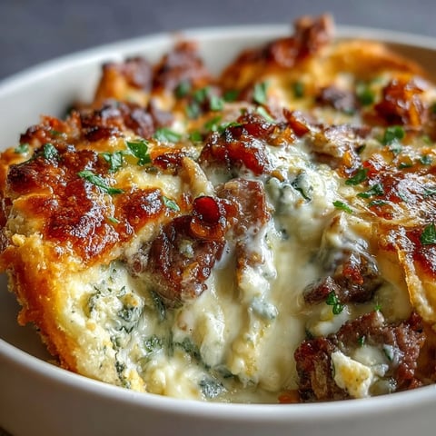 A close-up of hot, bubbly Philly Cheesesteak Dip in a baking dish, topped with golden melted provolone and served with crispy crostini.  