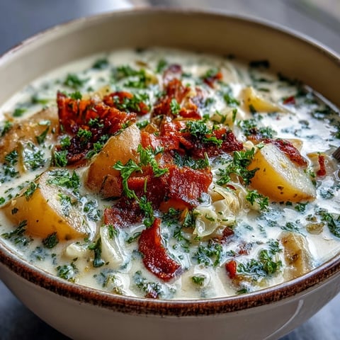 Creamy Potato Soup with Cabbage in a rustic bowl garnished with fresh parsley and served with crusty bread.