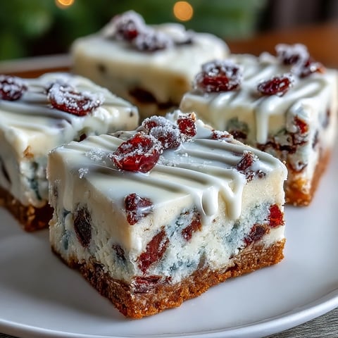 Freshly baked Cranberry Bliss Bars with orange cream cheese frosting and white chocolate drizzle on a rustic platter.