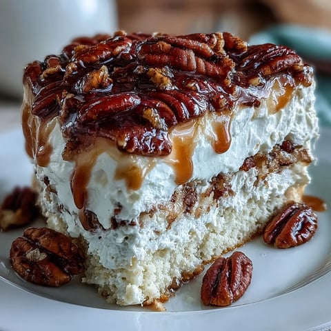 Freshly baked Butter Pecan Tres Leches Cake with soaked sponge, fluffy whipped cream, and gooey toasted pecan topping on a ceramic plate.