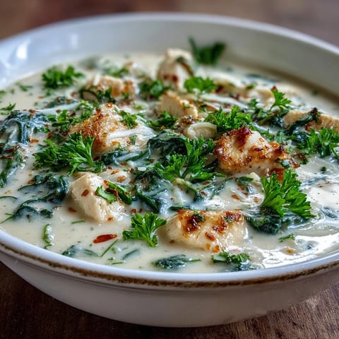 Creamy Garlic Parmesan Chicken Soup garnished with parsley in a rustic bowl.