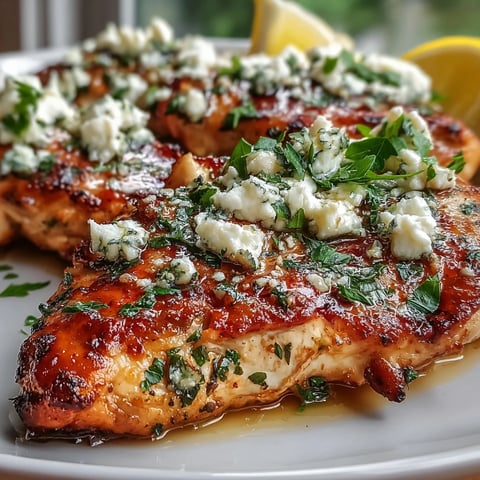 A serving of Greek Chicken with Lemon and Feta topped with fresh parsley and extra lemon wedges.