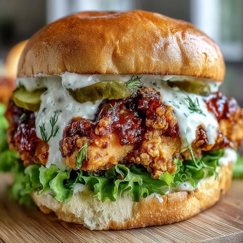 Spicy Chicken Sandwich with Creamy Homemade Sauce, featuring golden fried chicken on a toasted brioche bun.