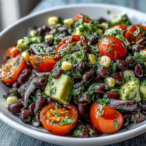 A vibrant Black Bean and Veggie Bowl with creamy avocado, juicy tomatoes, and fresh cilantro tossed in a zesty lime dressing.  