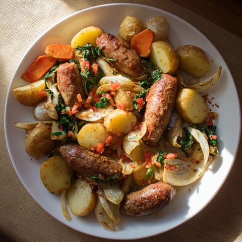 Golden-browned All-in-One Pan Sausage and Cabbage Bake fresh from the oven, served.