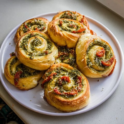 Freshly baked Savory Sun-Dried Tomato and Pesto Palmiers, showing a close-up of the delicious filling.
