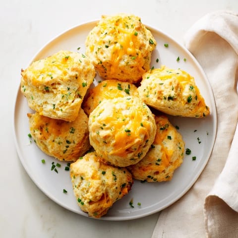 Warm, savory golden cheddar and chive scones, sprinkled with cheese ready for serving at brunch.