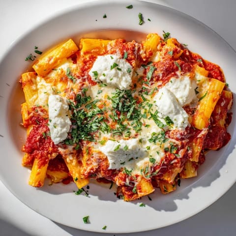 Golden-brown One-Dish Baked Ziti with Three Cheeses features a creamy ricotta, perfectly layered with pasta.