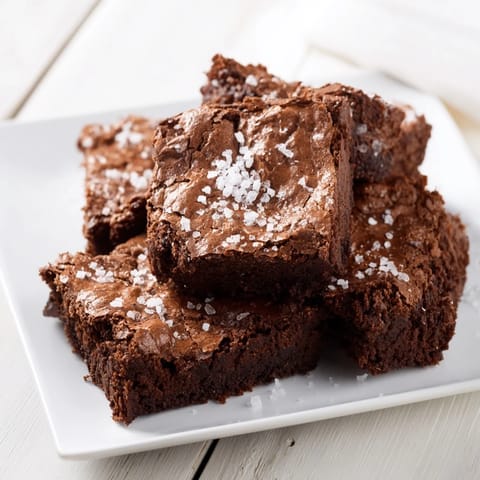 A warm, gooey plate of homemade dark chocolate sea salt brownies, perfect for a special treat tonight.
