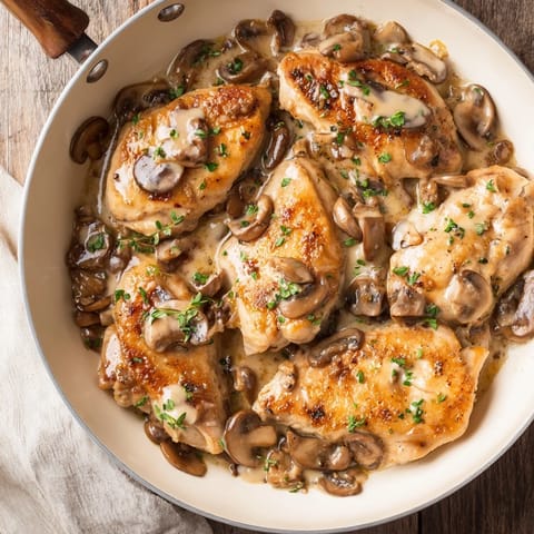 This elegant Skillet-Seared Chicken Breast with Mushroom Cream Sauce, ready to be served over rice or potatoes.