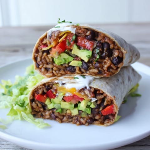 A close-up of a generously filled Smoky Black Bean Burrito, wrapped tightly and ready to be enjoyed.