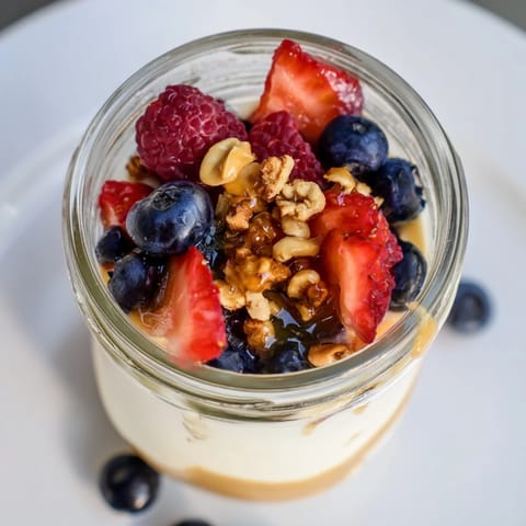 A close-up of a refreshing cashew butter yogurt parfait overflowing with colorful berries and crunchy granola.