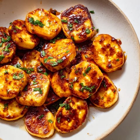 Mouthwatering image of fried hot honey halloumi, ready to eat alongside fresh lemon wedges.