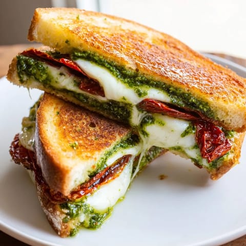 A close-up of a perfectly grilled pesto grilled cheese, ready to be sliced for a delicious meal.