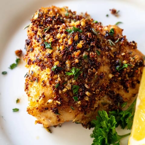 Close-up of freshly cooked crispy garlic chicken thighs, ready with a flavorful, golden crust.