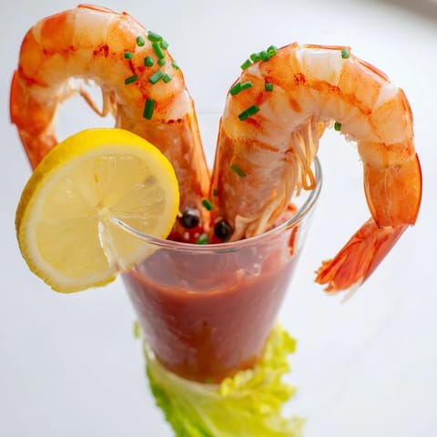 Vibrant Retro Prawn Cocktail Shooters, presenting chilled shrimp and a zesty cocktail sauce, perfect for elegant gatherings.