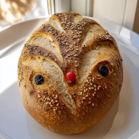 Rustic turkey sourdough loaf with detailed feather scoring, served warm alongside creamy soup for a cozy Thanksgiving meal.